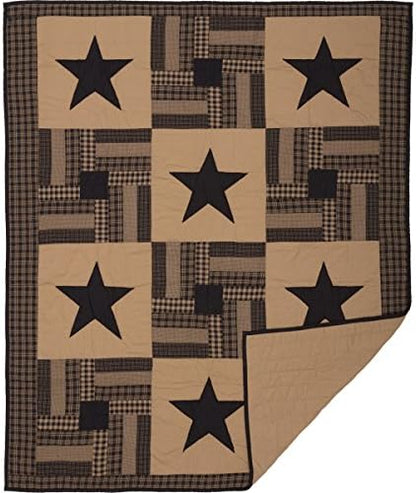  VHC Brands Black Check Star Queen Quilt 90Wx90L Country Rustic Primitive Design, Black And Tan