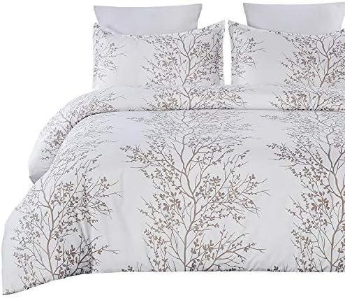  Lightweight Microfiber Duvet Cover Set, Grey And White Floral Branches Printed Pattern - King Size 3-Piece Set (1 Duvet Cover 2 Pillowcases)
