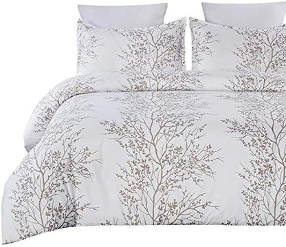 Lightweight Microfiber Duvet Cover Set, Grey And White Floral Branches Printed Pattern - King Size 3-Piece Set (1 Duvet Cover 2 Pillowcases)