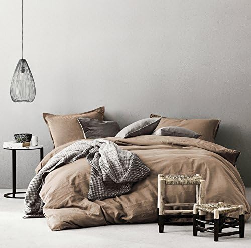  Eikei Washed Cotton Chambray Duvet Cover Solid Color Casual Modern Style Bedding Set Relaxed Soft Feel Natural Wrinkled Look (King, Desert Sand)