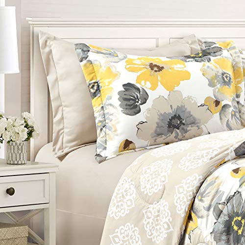  Ah 6 Piece Floral Comforter Set, Full/Queen, Yellow & Gray