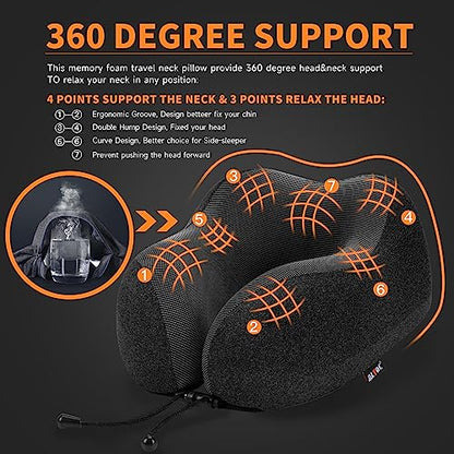  MLVOC Travel Pillow 100% Pure Memory Foam Neck Pillow, Comfortable & Breathable Cover, Machine Washable, Airplane Travel Kit With 3D Contoured Eye Masks, Earplugs, And Luxury Bag, Standard (Black)