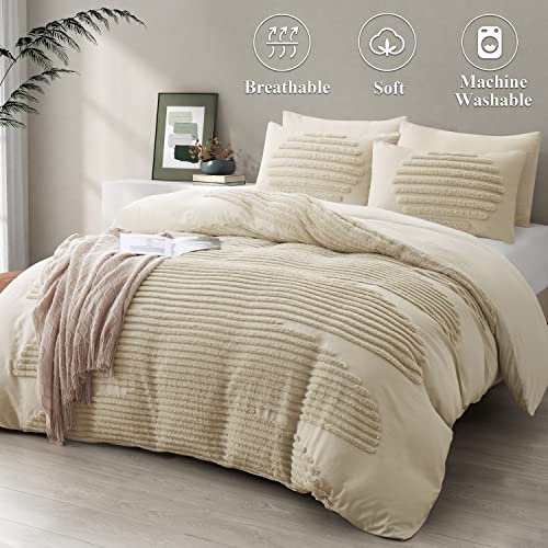  5 Pieces Full/Queen Duvet Cover Set, Boho Bedding Sets For Modern Home, Tufted And Super Soft Comforter Covers, Beige
