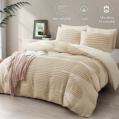  5 Pieces Full/Queen Duvet Cover Set, Boho Bedding Sets For Modern Home, Tufted And Super Soft Comforter Covers, Beige