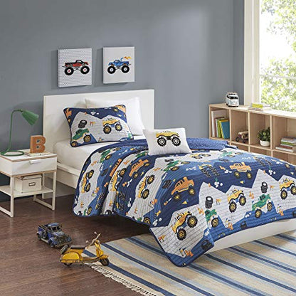  Mi Zone Kids Nash Reversible Quilt Set, Vibrant Fun Design, Lightweight All Season Children Bedding, Coverlet Bedspread, Boys Bedroom Décor, Full/Queen, Big Wheel Monster Trucks 4 Piece