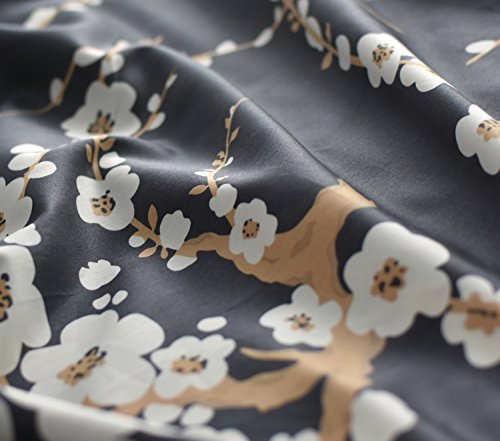  Eikei Japanese Oriental Style Cherry Red Blossom Floral Branches Print Duvet Quilt Cover 300tc Cotton Bedding 3 Piece Set (King, Charcoal)
