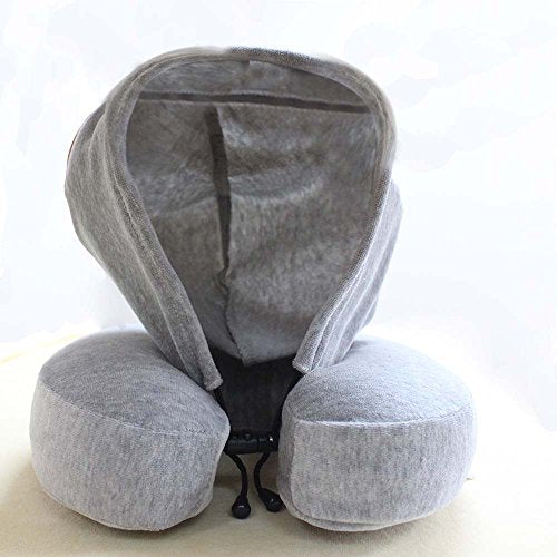  Luxury Memory Foam Neck Travel Pillow With Hoodie. Stylish Carry Bag. Premium Velvet. Washable Zippered Cover. Scientifically Proven U Shaped Neck Pillow. Business Traveler Gifts. (Gray)