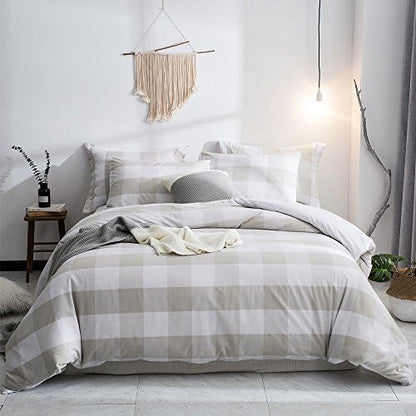  Cotton Duvet Cover Set, 100% Cotton Yarn Dyed Plaid Check Duvet Cover With 2 Pillowshams - Full/Queen Red