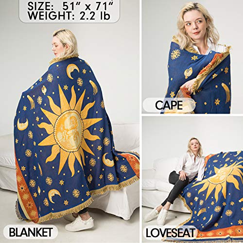  Sun And Moon Stars Hippie Throw Blanket Celestial Tapestry Double-sided Reversible Woven Cotton Home Decor Bedding Chair Couch Recliner Cover Loveseat Rug Oversized Tassels Blue Yellow (71x51)