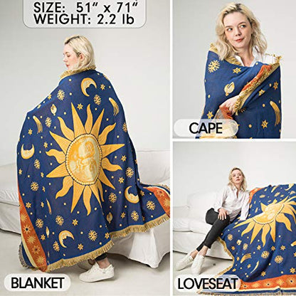  Sun And Moon Stars Hippie Throw Blanket Celestial Tapestry Double-sided Reversible Woven Cotton Home Decor Bedding Chair Couch Recliner Cover Loveseat Rug Oversized Tassels Blue Yellow (71x51)