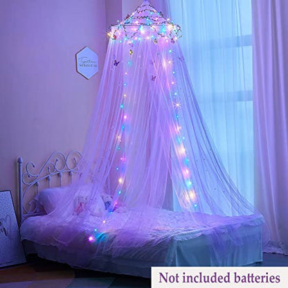  FIOBEE Bed Canopy For Girls Room Bed Canopy Curtains With Led Lights Mosquito Net DIY Princess Room Décor With Stars Butterflies For Kids Bedroom, Purple
