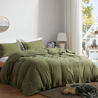  Queen Size Duvet Cover Set With Buttons Closure Olive Green, 3 Pieces Solid Color Ultra Soft Skin-Friendly Comforter Cover Set (1 Duvet Cover +2 Pillowcases)
