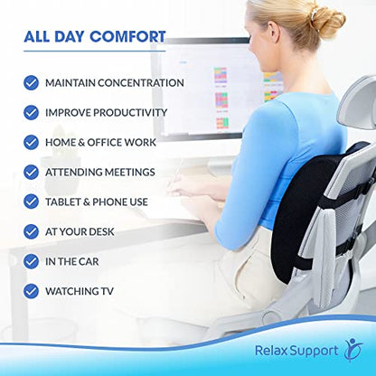 RELAX SUPPORT RS9 - Lumbar Support Pillow - Gaming & Office Desk Chair Accessory - Back Pain Relief - Car Cushion - Men Women Trucker Seat Tailbone Comfort Pad