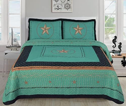  LinenTopia 3-Piece Queen Size Quilt Bedspread Set With 2 Shams, Wild Country/Horseshoe/Barbwire/Star Design, Beige Coffee, (Queen, Star Barbwire, Beige)