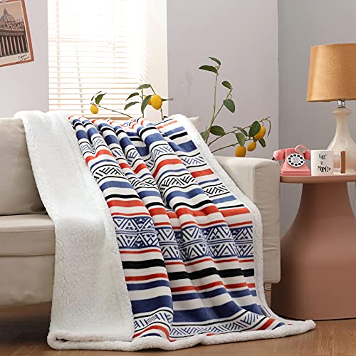  Sherpa Fleece Throw Blanket, Fuzzy Warm Super Soft Reversible Stripe Geometric Pattern Plush Blanket For Bed, Sofa And Couch, 50 X 60 Inches, Red/Blue