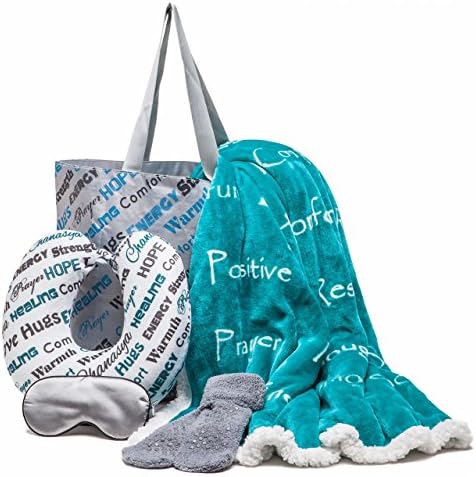  Chanasya 5-Piece Warm Hugs Positive Energy Healing Thoughts Comfort Caring Message Print Combo Gift Pack Throw Blanket, Neck Pillow, Eye Mask, Tote Bag, Socks - For Women Men Cancer Hospital Aubergine