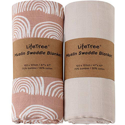  LifeTree Muslin Swaddle Blankets Neutral, Baby Swaddling Wrap Nursery Receiving Blanket For Boys & Girls Unisex, Soft Bamboo Cotton, Large 47 X 47 Inches, Bear & Checkered Coffee