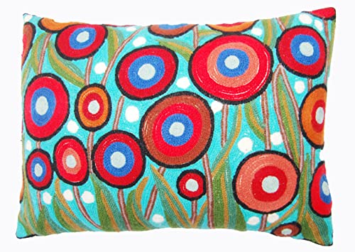  Kashmir Designs Lumbar Cushion Cover Hand Embroidered Wool 13x21 (Lumbar Poppy Pillow Cover Turquoise)