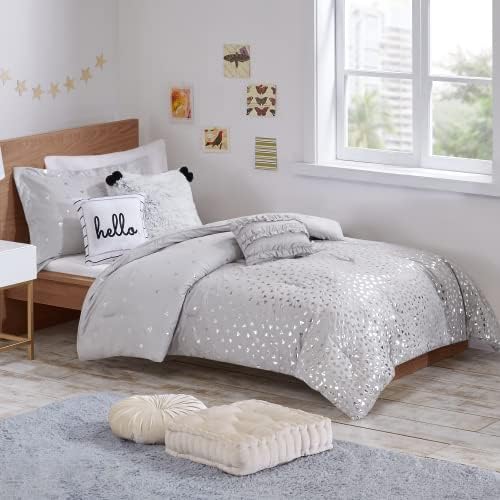  Zoey Triangle Metallic Print, Cozy Comforter Set All Season Bedding Set, Matching Sham, Decorative Pillow, Full/Queen, Grey/Silver 5 Piece