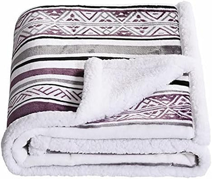  Sherpa Fleece Throw Blanket, Fuzzy Warm Super Soft Reversible Stripe Geometric Pattern Plush Blanket For Bed, Sofa And Couch, 50 X 60 Inches, Red/Blue