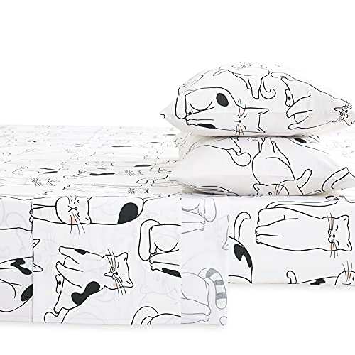  Wake In Cloud - Cats Sheet Set, 100% Cotton Bedding, White With Cats Drawing Pattern Printed (4pcs, Queen Size)