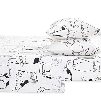  Wake In Cloud - Cats Sheet Set, 100% Cotton Bedding, White With Cats Drawing Pattern Printed (4pcs, Queen Size)