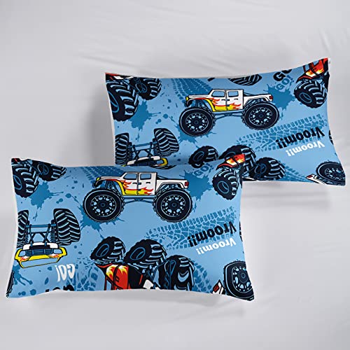  Cars Comforter Set, Giant Monster Pickup Truck Large Tires And Suspension Extreme Biggest Wheel Print, Twin Size Room Decorative 3 Piece Bedding Set With 2 Pillow Sham