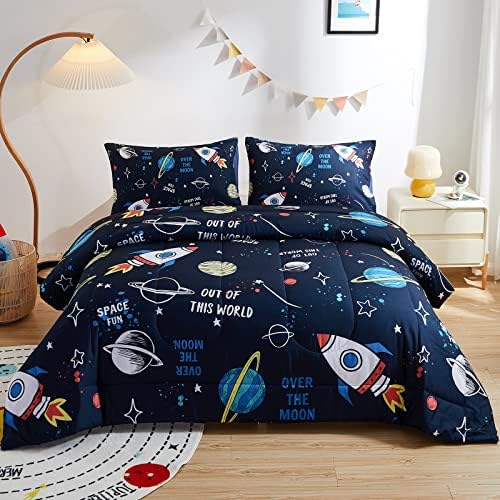  Beeweed 2 Piece Kid Comforter Set Twin Size, Space Rocket Bedding Set For Teen Boys Girls