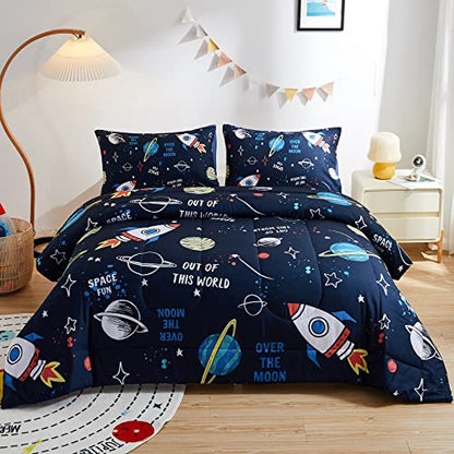  Beeweed 2 Piece Kid Comforter Set Twin Size, Space Rocket Bedding Set For Teen Boys Girls