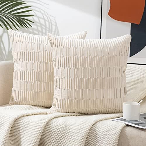  ETASOP 2Pack White Velvet Pillow Covers With Wave Striped Decorative, Luxury Soft Cushion Cases For Farmhouse Couch Sofa Living Room,18x18 Inches