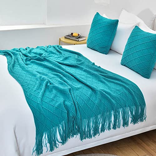  Zhiyuan Tassel Solid Knitted Bed Runner Decorative Bed End Scarf Woven Sofa Throw Blanket 50" X 102", Dark Cyan