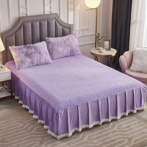  Diamond Quilted Velvet Bedspread Three Sides 18 Inches Deep Ruffles Drop Fitted Sheet Bed Skirt With Tassels Decorative Fringe (White, King)