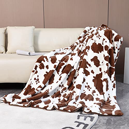  Cow Print Blanket For Sofa Couch Double Sided Flannel Animal Design Brown Throw Blanket (Brown, 51''x63'')