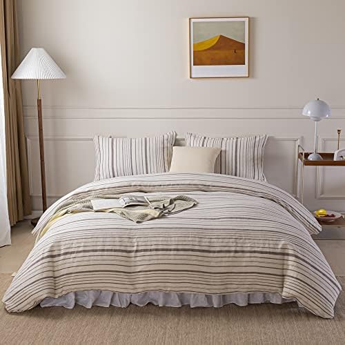  Simple&Opulence 100% Linen Duvet Cover Set Comforter King Size (104" X 92")-3pcs French Washed Flax Textured Soft Bedding With Striped Detail, 1 Duvet Cover And 2 Pillowcases (Grey)