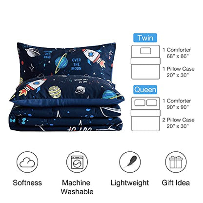  Beeweed 2 Piece Kid Comforter Set Twin Size, Space Rocket Bedding Set For Teen Boys Girls