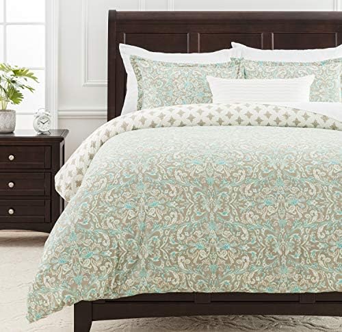  Duvet Cover King Set Ultra Soft Layered Leaf Print 3-Piece Reversible Bedding - Brushed Microfiber Comforter Cover - Zipper Closure (1 Duvet Cover & 2 Pillow Shams) Blue Taupe - King