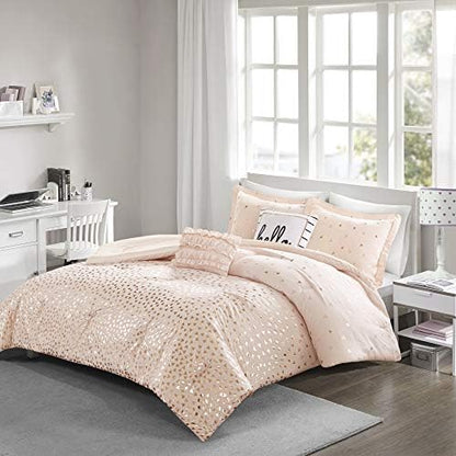  Intelligent Design Zoey Triangle Metallic Print, Cozy Comforter Set All Season Bedding Set, Matching Sham, Decorative Pillow, Twin/Twin XL, Blush/Rosegold 4 Piece