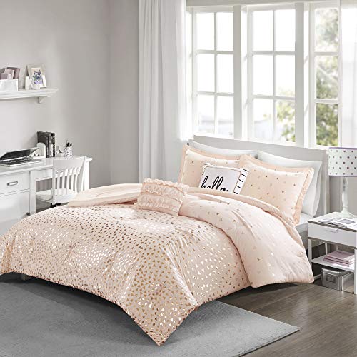  Intelligent Design Zoey Triangle Metallic Print, Cozy Comforter Set All Season Bedding Set, Matching Sham, Decorative Pillow, Twin/Twin XL, Blush/Rosegold 4 Piece