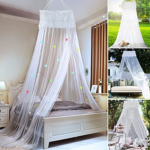  Bed Canopy, With Stars Snowflake Stickers Bed Curtain For Single To King Size Canopy Bed Curtain For Baby Kids Adult Quick Easy Installation For Camping, Patio, Bedroom Decoration (White)