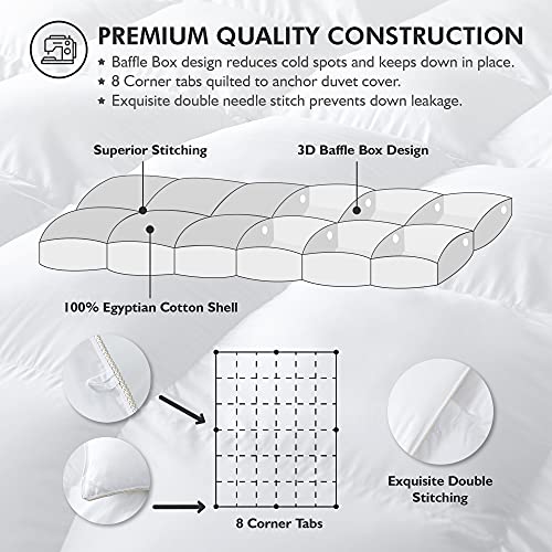  Luxurious King/California King Size Goose Down Fiber Comforter Down Feather Fiber Duvet, 100% Egyptian Cotton Cover, 58 Oz. Fill Weight, Baffle Box Design, White Solid