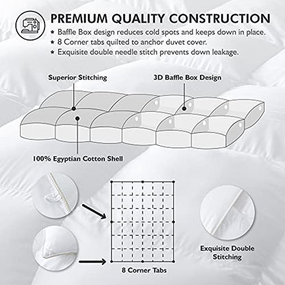  Luxurious King/California King Size Goose Down Fiber Comforter Down Feather Fiber Duvet, 100% Egyptian Cotton Cover, 58 Oz. Fill Weight, Baffle Box Design, White Solid