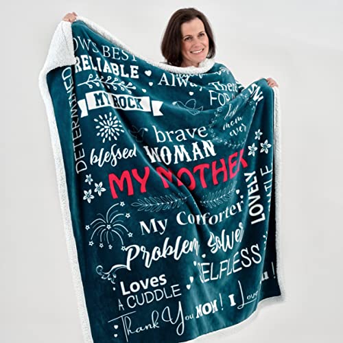  Mom Blanket - Double Layer Sherpa Fleece – Soft Fluffy Throw, Quality Print – 'Thank You Mom, I Love You' – From Daughter, Son – Gift For Birthday, Mother's Day, Christmas, Etc. (Teal)