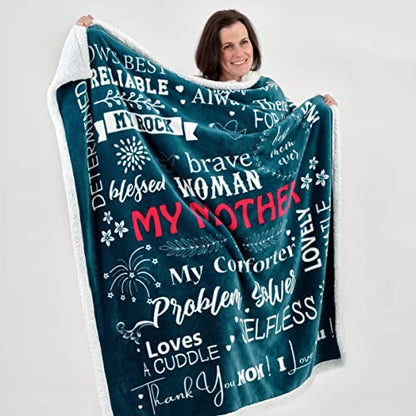  Mom Blanket - Double Layer Sherpa Fleece – Soft Fluffy Throw, Quality Print – 'Thank You Mom, I Love You' – From Daughter, Son – Gift For Birthday, Mother's Day, Christmas, Etc. (Teal)