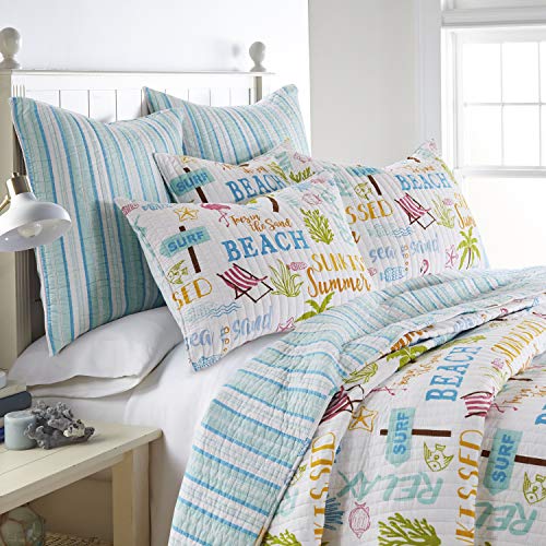  Homthreads By Levtex Home - Beach Days Quilt Set - Queen Quilt (88x92in.) + Two Standard Pillow Shams (26x20in.) - Coastal Beach - Teal Blue Yellow Green Brown Pink - Reversible - Cotton Fabric