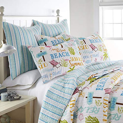  Homthreads By Levtex Home - Beach Days Quilt Set - Queen Quilt (88x92in.) + Two Standard Pillow Shams (26x20in.) - Coastal Beach - Teal Blue Yellow Green Brown Pink - Reversible - Cotton Fabric