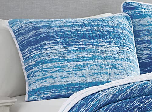  Ocean Stripe 3-Piece All Season Prewashed Quilt Set, Coastal Beach Theme, Natural Puckered/Textured Look, 100% Cotton Fabric, Unique Watercolor Stripe, Aqua, Blue, White, Full/Queen