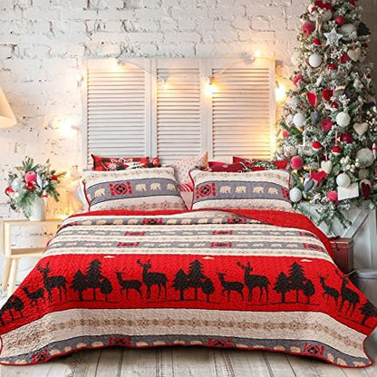  Judvx Quilt Set King Size White & Green Rustic Bedding Reversible 3 Piece Bedspreads & Coverlet, Lightweight Microfiber Plaid Pattern Lodge Bear Quilts For All Season (1 Quilt, 2 Pillow Shams)