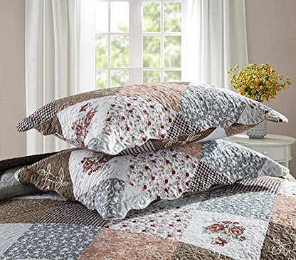  Yvooxny 3-Piece Queen Quilt Sets Bedspread Coverlet Set With Shams Microfiber Quilted Bedding Set, Brown Floral Patchwork Pattern