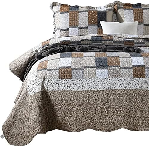  ENJOHOS Quilts Queen Size Queen Quilt Set Grey Quilt Bedspread Reversible Patchwork Floral Coverlet Set, Lightweight Country Quilts Bedding Set With 2 Pillow Shams（Grey Flower Plaid2）