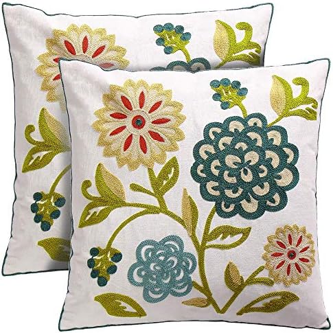  Oneslong Throw Pillow Case Covers - Set Of 2-100% Cotton, Decorative Floral Embroidered Design On Solid Natural White Background For Couch, Sofa, Bed - 18 X 18 Inches - Cushion Not Included